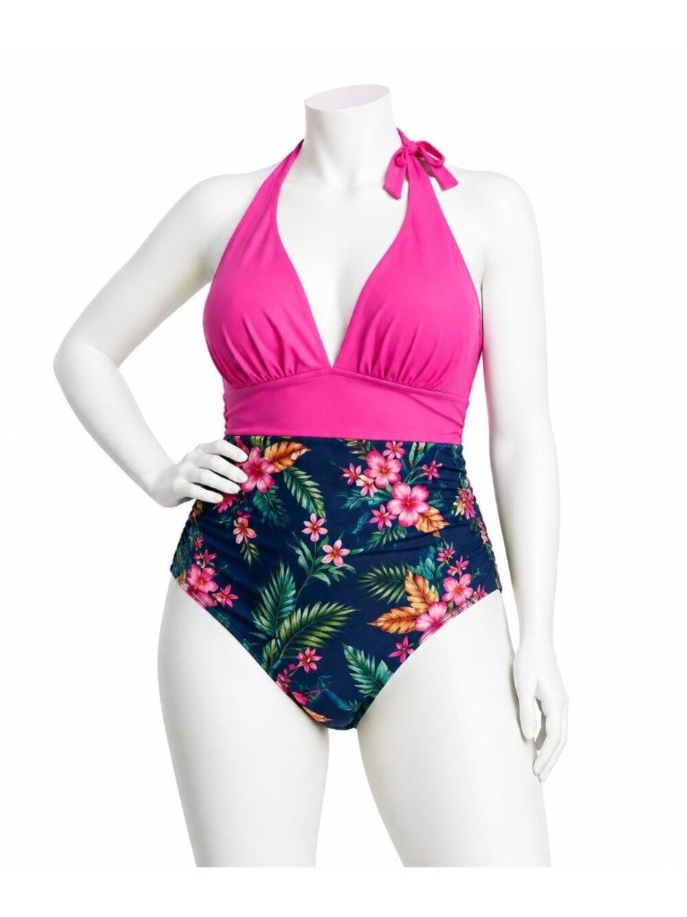 Cupshe One-Piece Swimsuit Size XXL Tummy Contouring Pink Halter Tropical Floral
